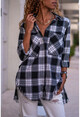 Womens Black Side Buttons Tasseled Plaid Cachet Shirt GK-AYN1793