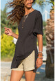 Kadın Siyah Yanı Yırtmaçlı T-Shirt GK-JR403
