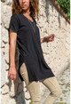 Kadın Siyah Yanı Yırtmaçlı V Yaka Uzun T-Shirt GK-BST6007-2