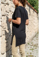 Kadın Siyah Yanı Yırtmaçlı V Yaka Uzun T-Shirt GK-BST6007-2