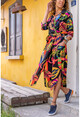 Kadın Siyah Yaprak Desenli Ceket Yaka Kruvaze Beli Büzgülü Kemerli Cepli Uzun Elbise GK-TDURM106