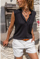 Kadın Siyah Yarım Patlı Tek Cep Kolsuz Bluz CCK1555
