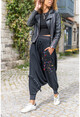 Kadın Siyah Yıkamalı Beli ve Paçası Gipeli Bağlamalı Püsküllü Salaş Şalvar Pantolon GK-RSD2056