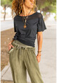 Kadın Siyah Yıkamalı Eteği Ve Omzu Fileli Yumuşak Dokulu Salaş T-Shirt GK-RSD2063