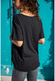 Kadın Siyah Yıkamalı Fileli Yıldız Baskılı Salaş T-Shirt GK-RSD2031