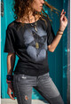 Kadın Siyah Yıkamalı Fileli Yıldız Baskılı Salaş T-Shirt GK-RSD2031