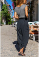 Kadın Siyah Yıkamalı Keten Cepli Beli Lastikli Şalvar Pantolon CCK58048ND