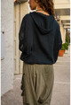 Kadın Siyah Yıkamalı Keten Fileli Bağlamalı Kapüşonlu Bluz GK-RSD2021
