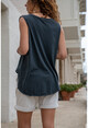 Kadın Siyah Yıkamalı Keten Nakışlı Cepli Yarım Pat Kolsuz Bluz GK-RSD2042
