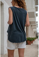 Womens Black Washed Linen Embroidered Pocket Half Pat Sleeveless Blouse GK-RSD2042