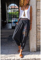Kadın Siyah Yıkamalı Keten Nakışlı Renkli Lastikli Şalvar Pantolon RSD2072