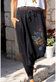 Womens Black Washed Linen Embroidered Colored Elastic Baggy Trousers RSD2072