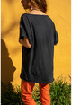 Kadın Siyah Yıkamalı Keten Yaprak Pullu Salaş Bluz GK-RSD2022