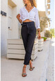 Kadın Siyah Yıkamalı Keten Yüksek Bel Kendinden Kemerli Dar Paça Pantolon BST3118