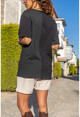 Kadın Siyah Yıkamalı Yırtıklı Color Block Kaplan Baskılı T-Shirt GK-RSD2058