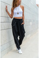 Kadın Siyah Yıkamalı Zımbalı Cepli Beli Lastikli Şalvar Pantolon GK-RSD2002