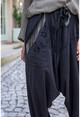Kadın Siyah Yıkamalı Zincir Detaylı Brode Detaylı Şalvar Pantolon GK-RSD2025