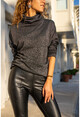 Womens Black Soft Textured Turtleneck Glittered Loose Sweater GK-BST3014