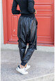 Womens Black Stapled Stripe Detailed Shalwar Leather Pants GK-RSD2014