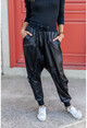 Womens Black Stapled Stripe Detailed Shalwar Leather Pants GK-RSD2014