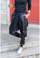Kadın Siyah Zımbalı Şerit Detaylı Şalvar Deri Pantolon GK-RSD2014