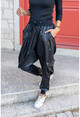 Womens Black Stapled Stripe Detailed Shalwar Leather Pants GK-RSD2014