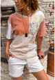 Womens Salmon-Beige Washed Patchwork Loose T-Shirt GK-RSD2050