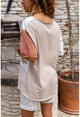 Kadın Somon-Bej Yıkamalı Patchwork Salaş T-Shirt GK-RSD2050