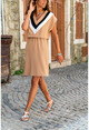 Womens Tan V-Neck Blocky Elastic Waist Dress GK-BST2855