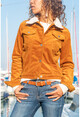 Womens Tan Collar Woolen Pocket Corduroy Corduroy Jacket GK-MSC100