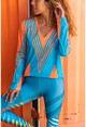 Womens Turquoise-Orange V-Neck Bias Striped Blouse GK-CCK60010