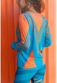 Womens Turquoise-Orange V-Neck Bias Striped Blouse GK-CCK60010