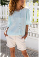 Womens Turquoise Washed Linen Tulip Printed Button Detailed Loose Blouse GK-RSD2060