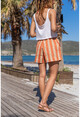 Womens Orange Striped Loose Shorts With Elastic Waist Belt and Pockets GK-CM1100