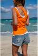 Kadın Turuncu-Beyaz Askılı Asimetrik İkili T-Shirt GK-CCKCC4007