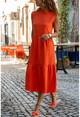 Womens Orange Crew Neck Skirt Pleated Sleeveless Airobin Dress GK-BSTKBY2