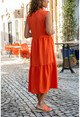 Womens Orange Crew Neck Skirt Pleated Sleeveless Airobin Dress GK-BSTKBY2