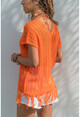 Womens Orange V-Neck Openwork Tasseled Blouse GK-ES103