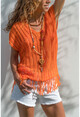 Womens Orange V-Neck Openwork Tasseled Blouse GK-ES103