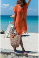 Womens Orange V-Neck Openwork Tasseled Dress GK-ES104