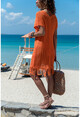 Womens Orange V-Neck Openwork Tasseled Dress GK-ES104