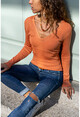 Womens Orange V-Neck Patterned Openwork Sweater GK-MG101