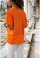 Kadın Turuncu Yıkamalı Fileli Yıldız Baskılı Salaş T-Shirt GK-RSD2031