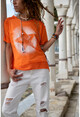 Kadın Turuncu Yıkamalı Fileli Yıldız Baskılı Salaş T-Shirt GK-RSD2031