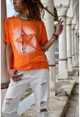 Womens Orange Washed Mesh Star Printed Loose T-Shirt GK-RSD2031