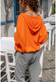 Kadın Turuncu Yıkamalı Keten Fileli Bağlamalı Kapüşonlu Bluz GK-RSD2021