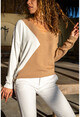 Womens Mink-Ecru V-Neck Asymmetric Block Sweater GK-MG104