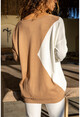 Womens Mink-Ecru V-Neck Asymmetric Block Sweater GK-MG104