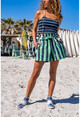 Womens Green Waist Elastic Belt Striped Loose Shorts GK-CM1100