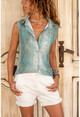 Womens Green Patterned Sleeveless Crepe Shirt GK-BST2878